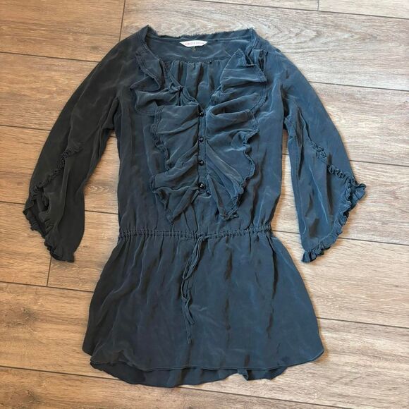 Rebecca Taylor 100% Silk Mini Dress Ruffle Front Tied Waist V-Neck Size S - Picture 3 of 6